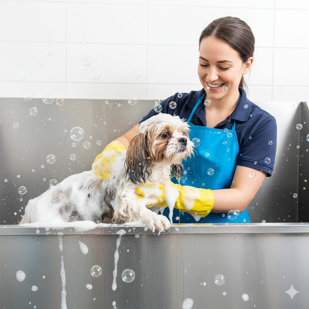 Cachorro recebendo banho profissional na AgroPet